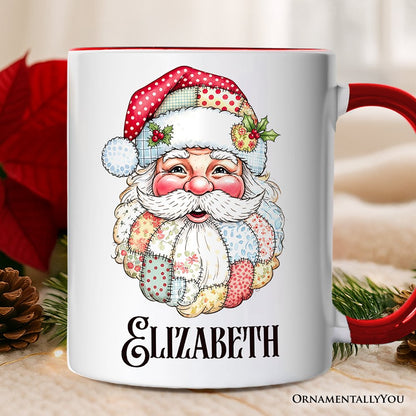 Patchwork Santa Claus Personalized Mug, Retro Christmas Holiday Gift with Custom Name