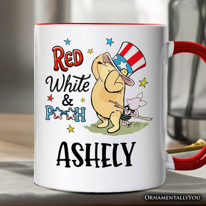 Red White & Proud Personalized Mug, Patriotic 4th of July Celebration Pooh Bear Gift with Custom Name