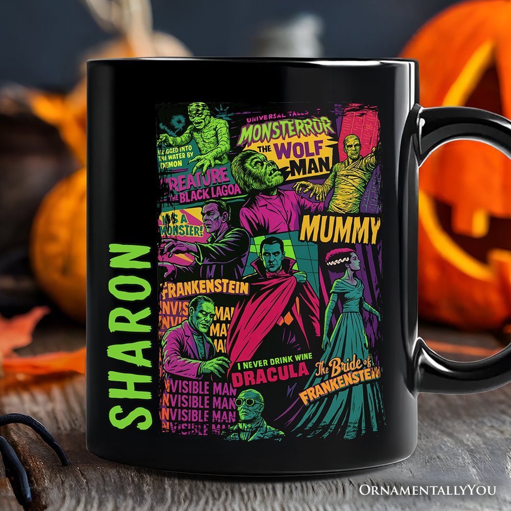 Horror Comic Classic Monsters Personalized Mug, Vintage Scary Halloween Gift with Custom Name