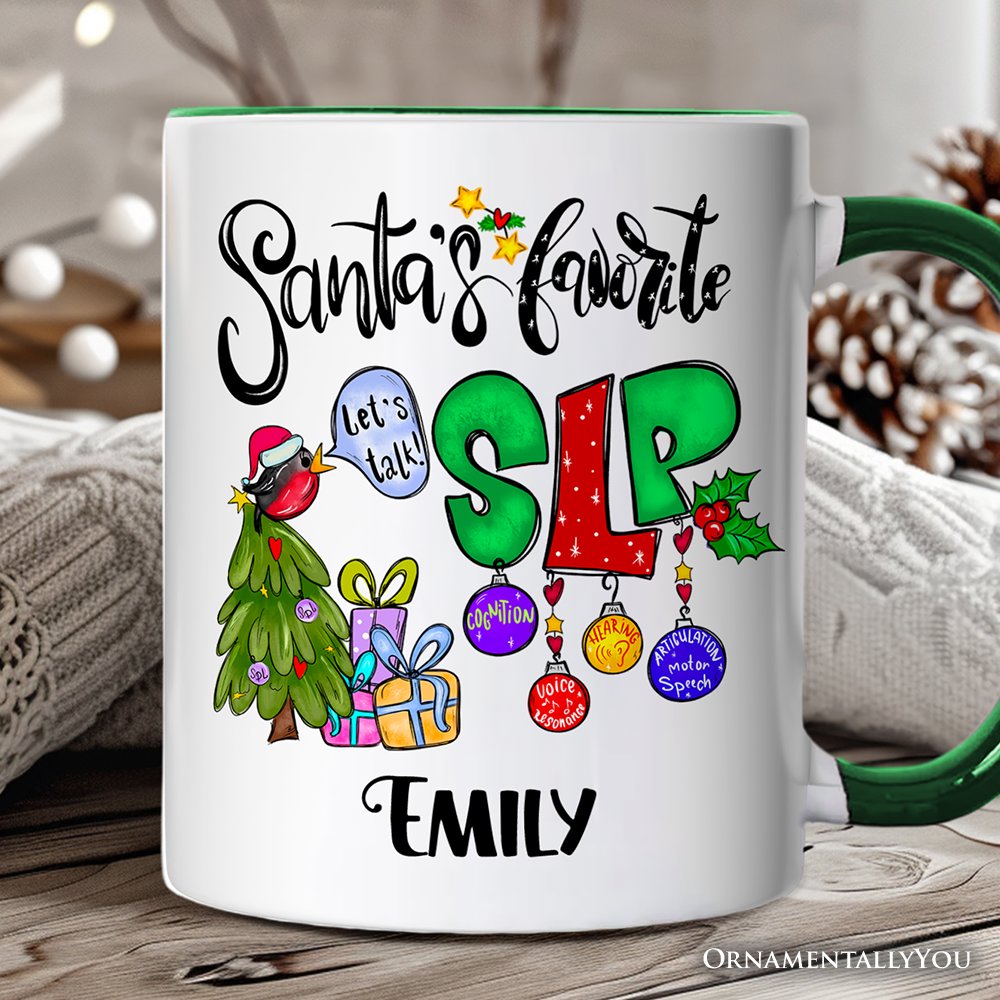 Santa's Favorite SLP Christmas Personalized Mug, Gift for Speech Therapist and Language Pathologist with Custom Name
