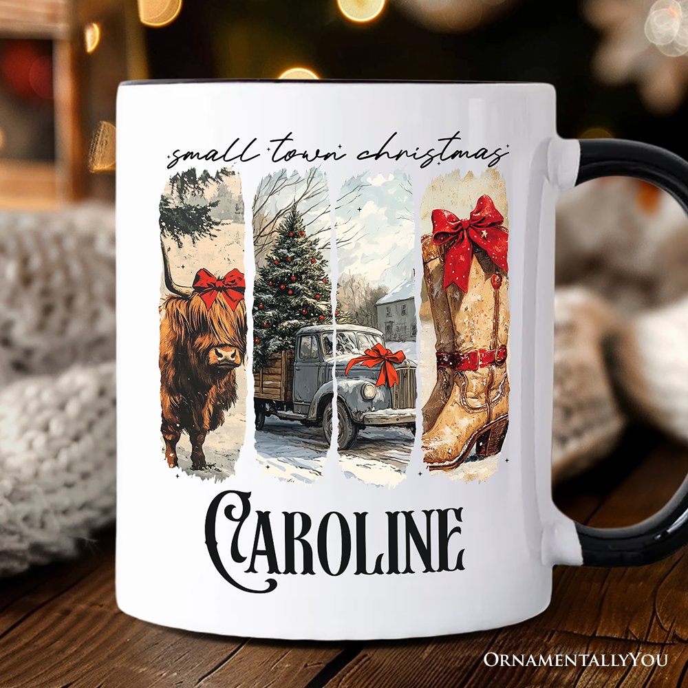 Small Town Christmas Personalized Mug, Highland Cow Rustic Western Cowgirl Holiday Gift with Custom Name