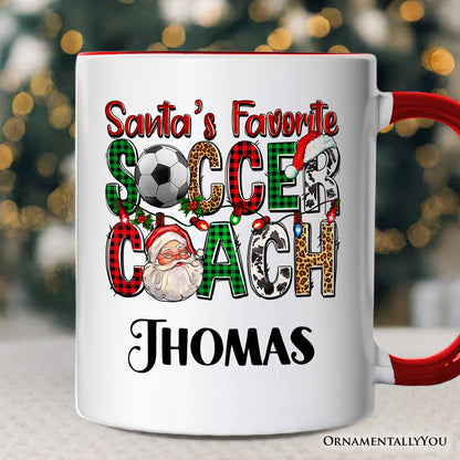 Santa's Favorite Soccer Coach Personalized Mug, Plaid Christmas Football Gift with Custom Name