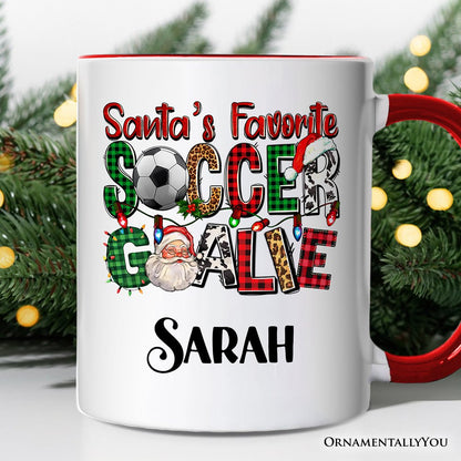 Santa's Favorite Soccer Goalie Personalized Mug, Plaid Christmas Football Gift with Custom Name