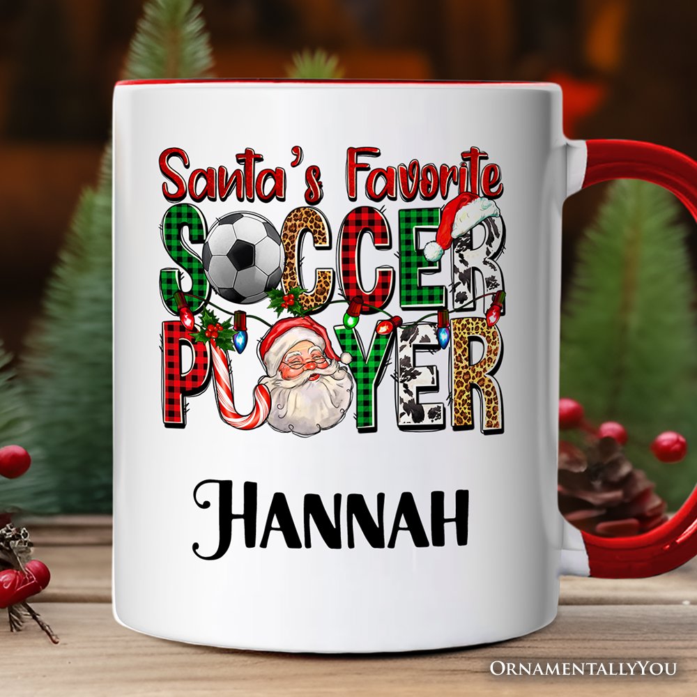 Santa's Favorite Soccer Player Christmas Plaid Personalized Mug, Football Gift with Custom Name