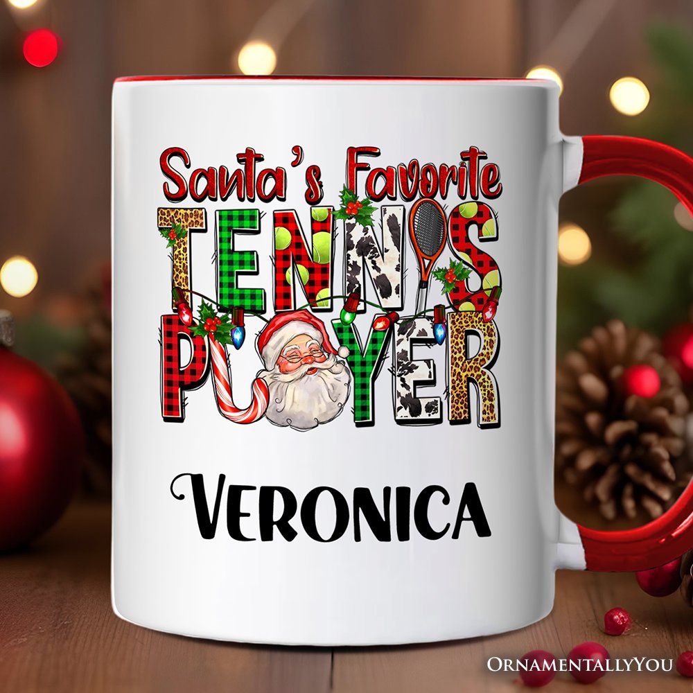 Santa's Favorite Tennis Player Personalized Mug, Plaid Christmas Athelete Gift with Custom Name