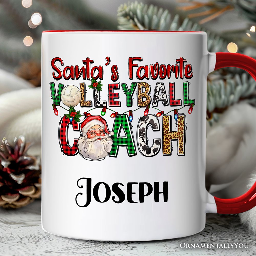 Santa's Favorite Volleyball Coach Personalized Mug, Plaid Christmas Sports Gift with Custom Name