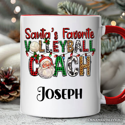 Santa's Favorite Volleyball Coach Personalized Mug, Plaid Christmas Sports Gift with Custom Name
