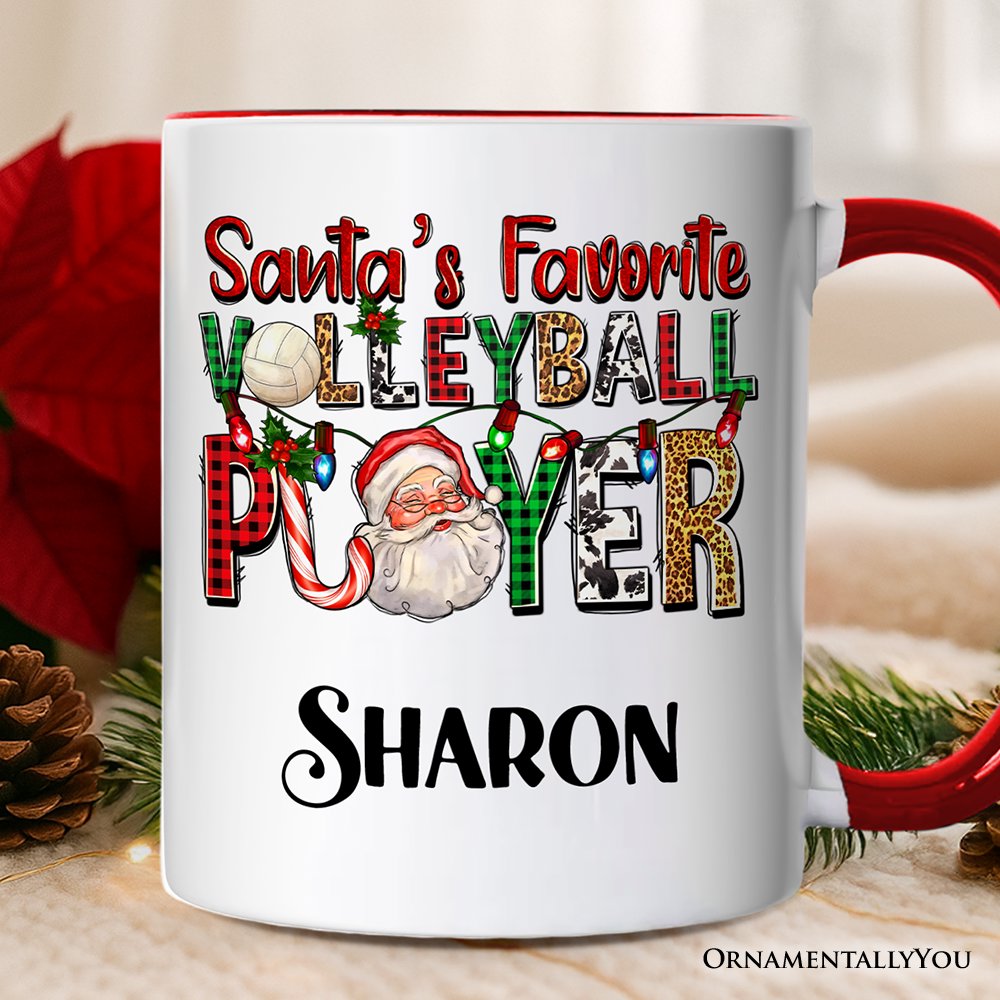 Santa's Favorite Volleyball Player Personalized Mug, Plaid Christmas Sports Gift with Custom Name