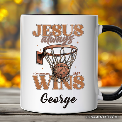 Jesus Always Wins Christian Basketball Personalized Mug, Retro Motivational Bible Verse Gift with Custom Name