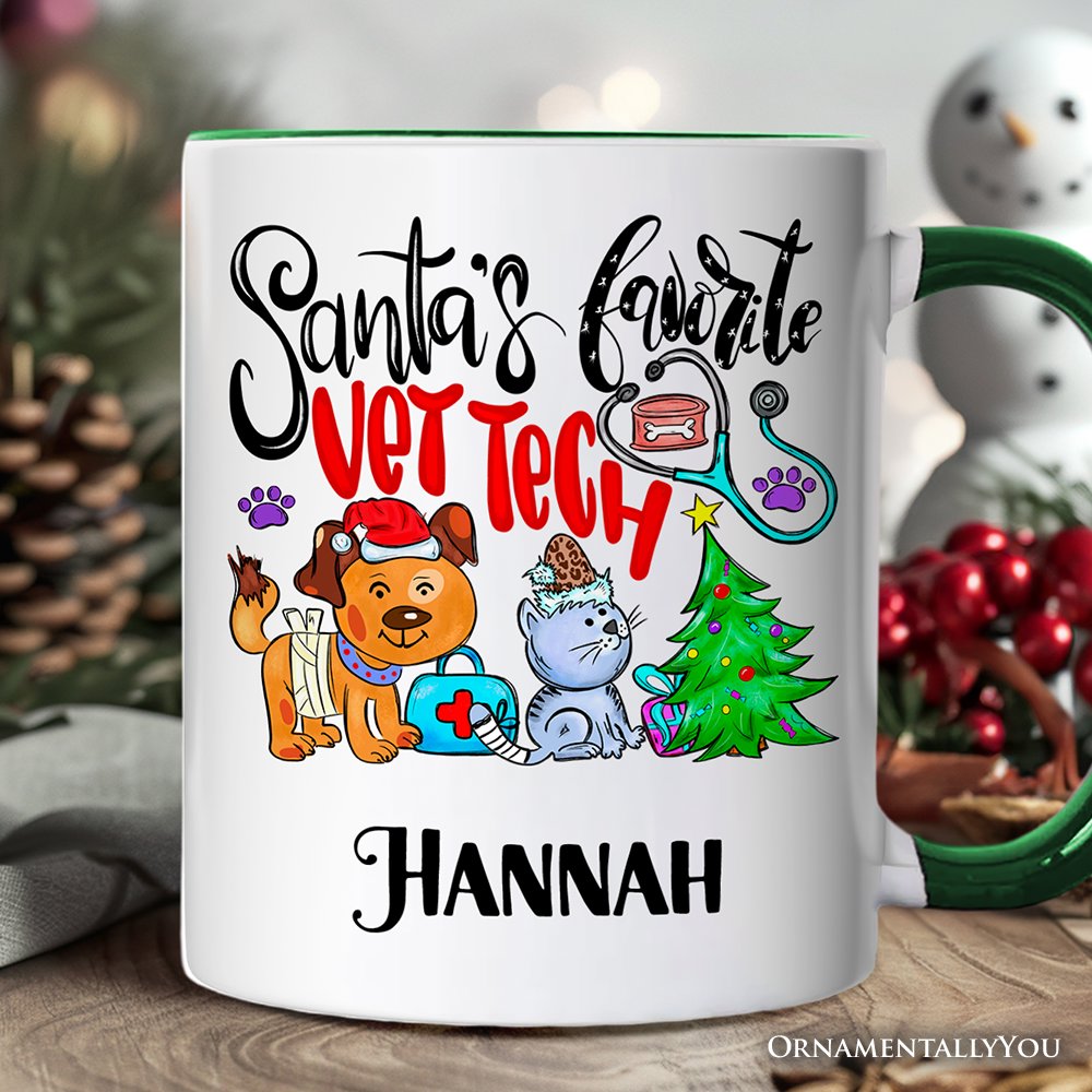 Santa's Favorite Vet Tech Christmas Personalized Mug, Appreciation Gift for Veterinary Technician with Custom Name