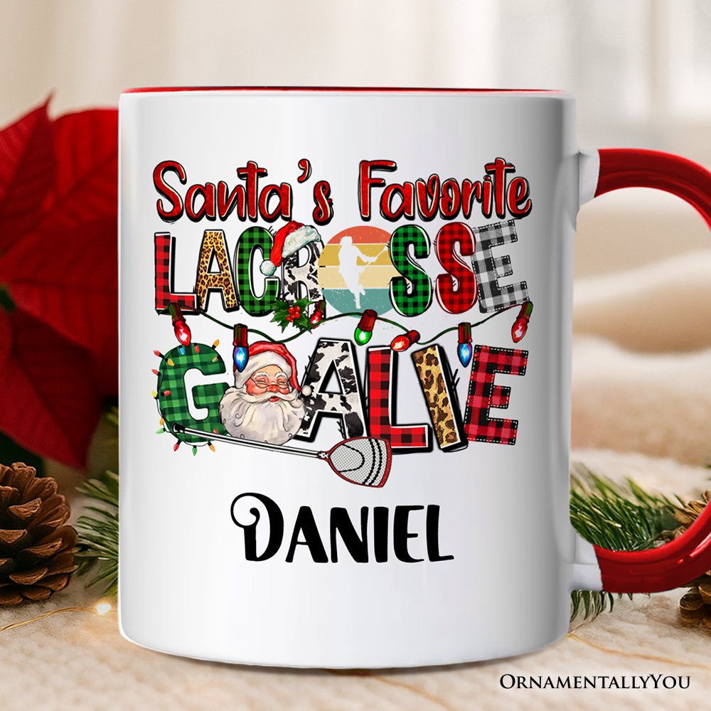 Santa's Favorite Lacrosse Goalie Personalized Mug, Plaid Christmas Athelete Gift with Custom Name