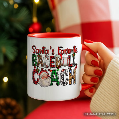 Santa's Favorite Baseball Coach Personalized Mug, Plaid Christmas Athelete Gift with Custom Name