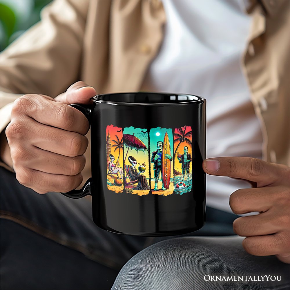 Frankenstein's Beach Vacation Personalized Mug, Retro Neon Summer Vibes Gift with Custom Name