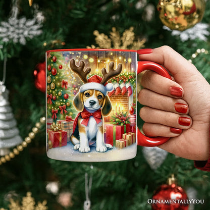 Cozy Fireplace Beagle Personalized Mug, Snuggly Canine Christmas Gift with Custom Name
