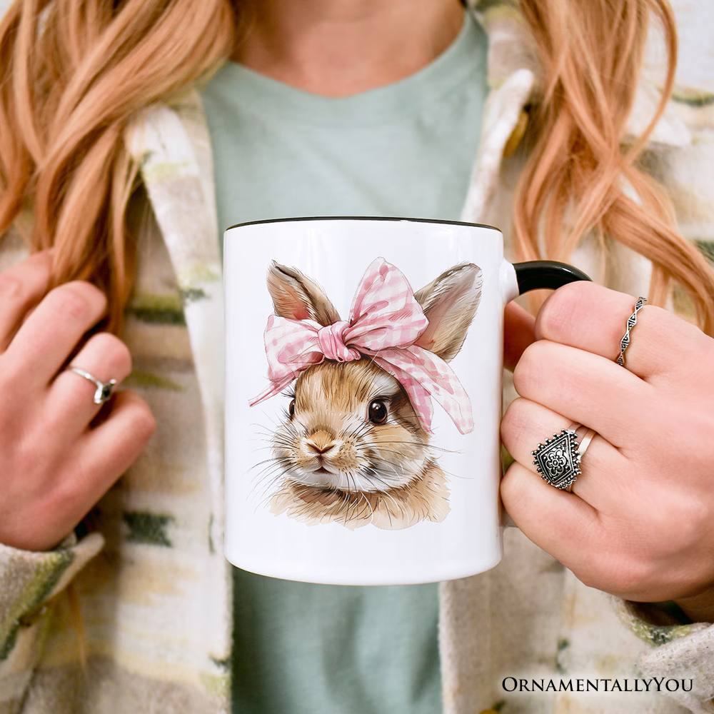 Easter Bunny Coquette Pink Bow Personalized Mug, Cute Watercolor Spring Gift with Custom Name