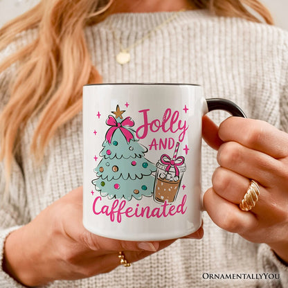 Jolly and Caffeinated Christmas Personalized Mug, Retro Coquette Coffee Holiday Gift with Custom Name