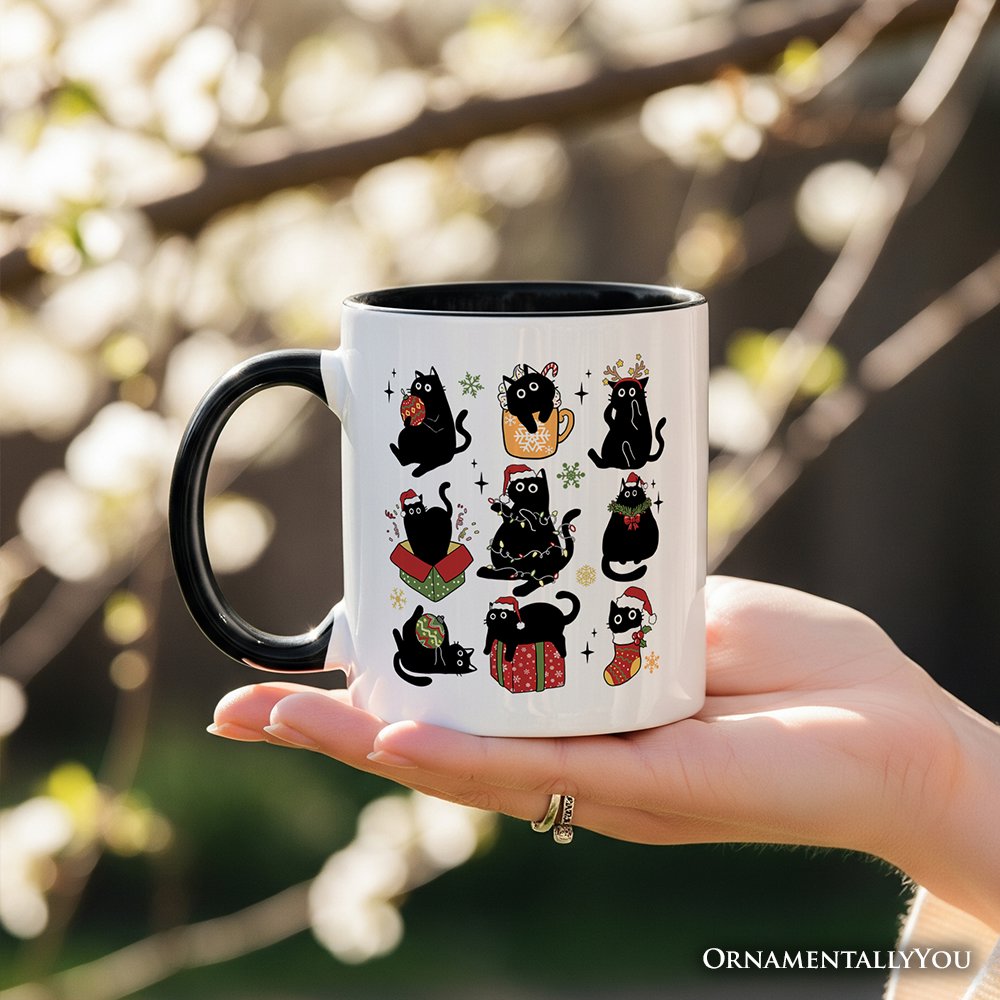 Christmas Black Cats Personalized Mug, Whimsical Cats with Santa Hat Gift with Custom Name