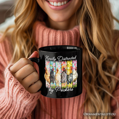 Easily Distracted by Peckers Chicken Farm Personalized Mug, Funny Floral Farmlife Brushstroke Gift with Custom Name