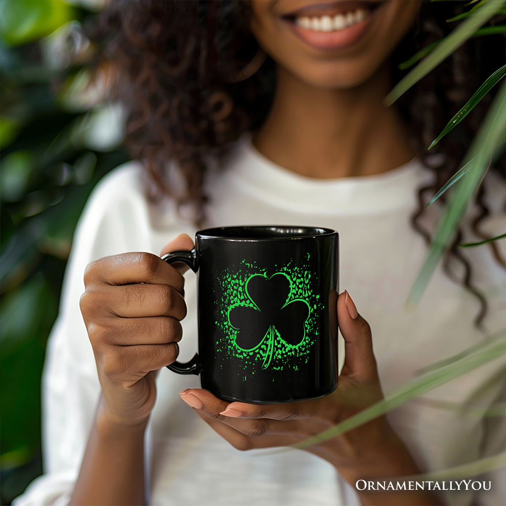 Splatter Shamrock Silhouette St Patrick's Day Personalized Mug, Retro Lucky Clover Gift with Custom Name