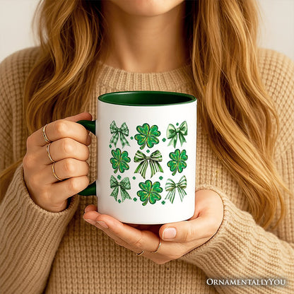 Coquette Clover Bows St Patrick's Day Personalized Mug, Green Irish Lucky Shamrock Gift with Custom Name