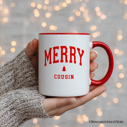 Merry Cousin Retro Christmas Personalized Mug, Matching Family Holiday Gift with Custom Name