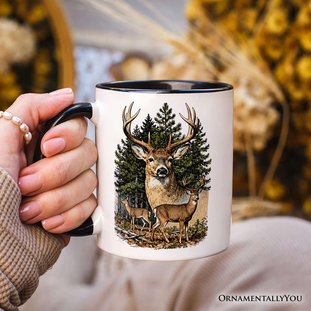 Forest Deers Vintage Grunge Personalized Mug, Retro Hunter Gift with Custom Name