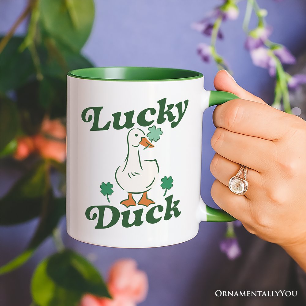 Lucky Duck St Patrick's Day Shamrock Personalized Mug, Cute Clover Gift with Custom Name
