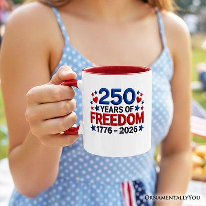 250 Years Freedom Faux Varsity Patch Personalized Mug, 4th of July USA Patriotic 1776-2026 Gift with Custom Name