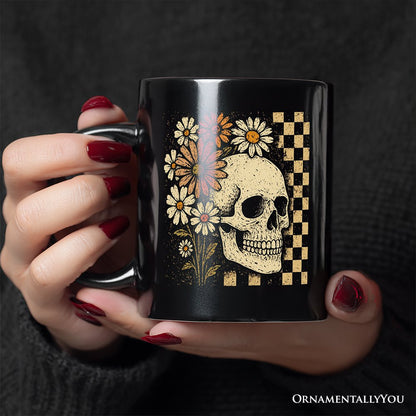 Checkered Floral Skeleton Personalized Mug, Vintage Skull Daisy Halloween Gift with Custom Name