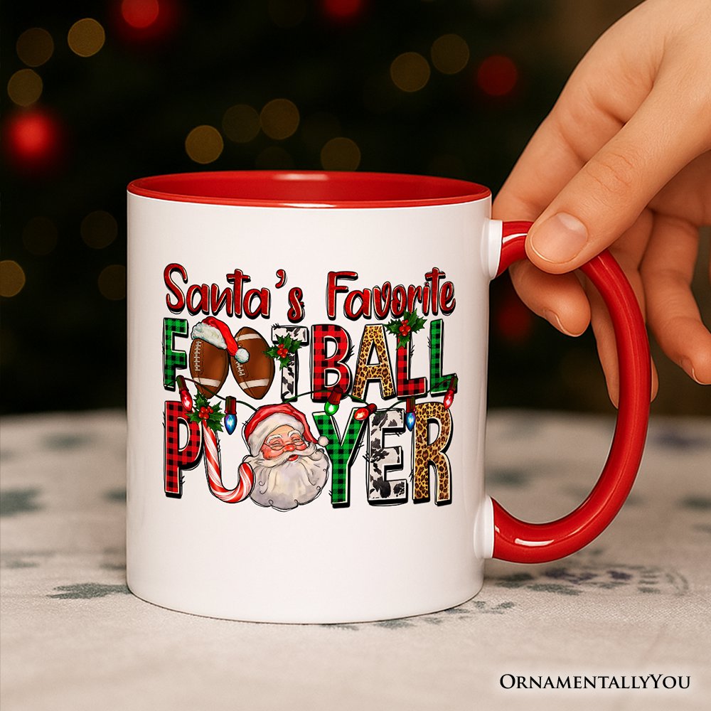 Santa's Favorite Football Player Personalized Mug, Plaid Christmas Athelete Gift with Custom Name
