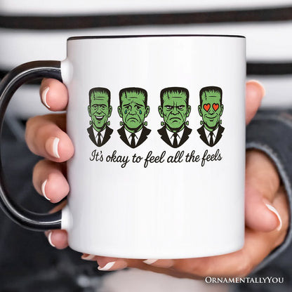 Frankenstein It's Okay To Feel All The Feels Personalized Mug, Funny Mental Health Feelings Gift with Custom Name