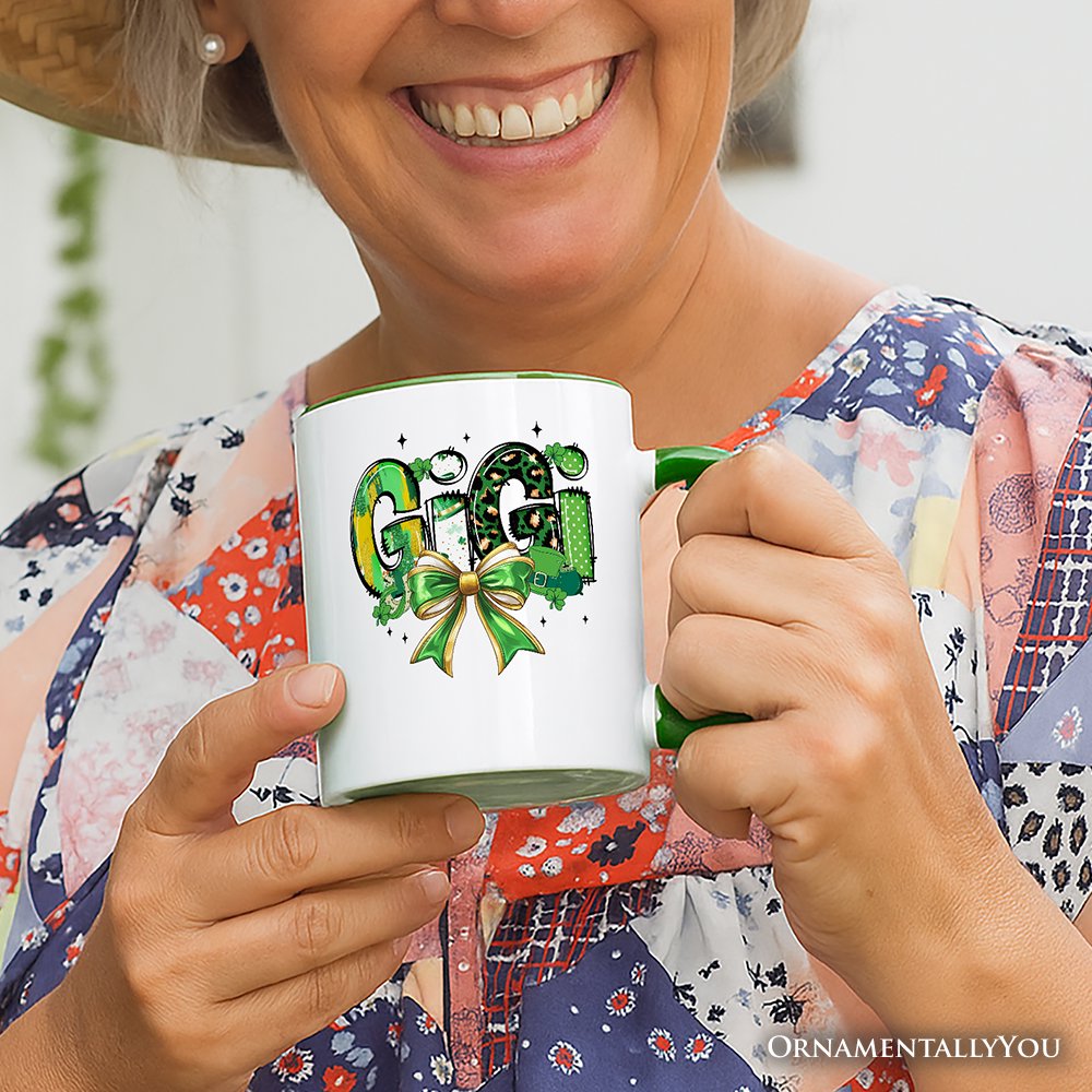 Coquette Gigi Bow St Patrick's Day Personalized Mug, Green Lucky Shamrock Clover Gift with Custom Name