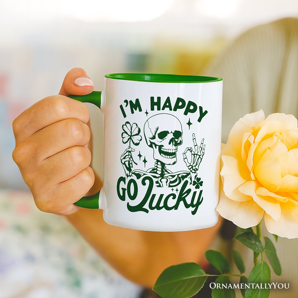 Happy Go Lucky Clover Skeleton St Patrick's Day Personalized Mug, Green Shamrock Vintage Gift with Custom Name