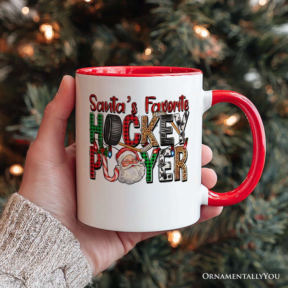 Santa's Favorite Hockey Player Personalized Mug, Plaid Christmas Athelete Gift with Custom Name