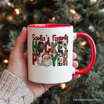 Santa's Favorite Hockey Player Personalized Mug, Plaid Christmas Athelete Gift with Custom Name
