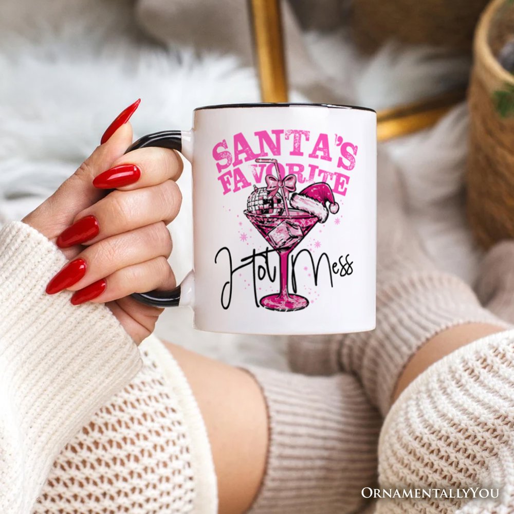 Santa's Favorite Hot Mess Personalized Mug, Pink Martini Retro Disco Christmas Gift with Custom Name