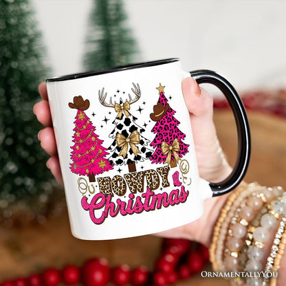 Howdy Pink Christmas Western Christmas Personalized Mug, Leopard Print Retro Holiday Gift with Custom Name