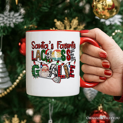 Santa's Favorite Lacrosse Goalie Personalized Mug, Plaid Christmas Athelete Gift with Custom Name