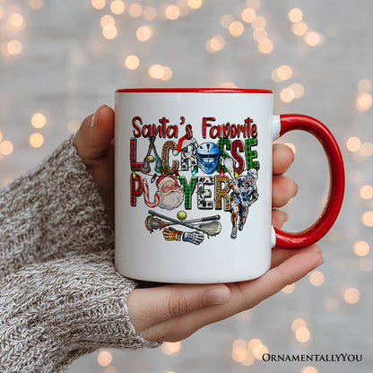 Santa's Favorite Lacrosse Player Personalized Mug, Plaid Christmas Athlete Gift with Custom Name