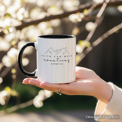 Faith Can Move Mountains Matthew 1720 Christian Personalized Mug, Minimalist Mountain Religious Gift with Custom Name