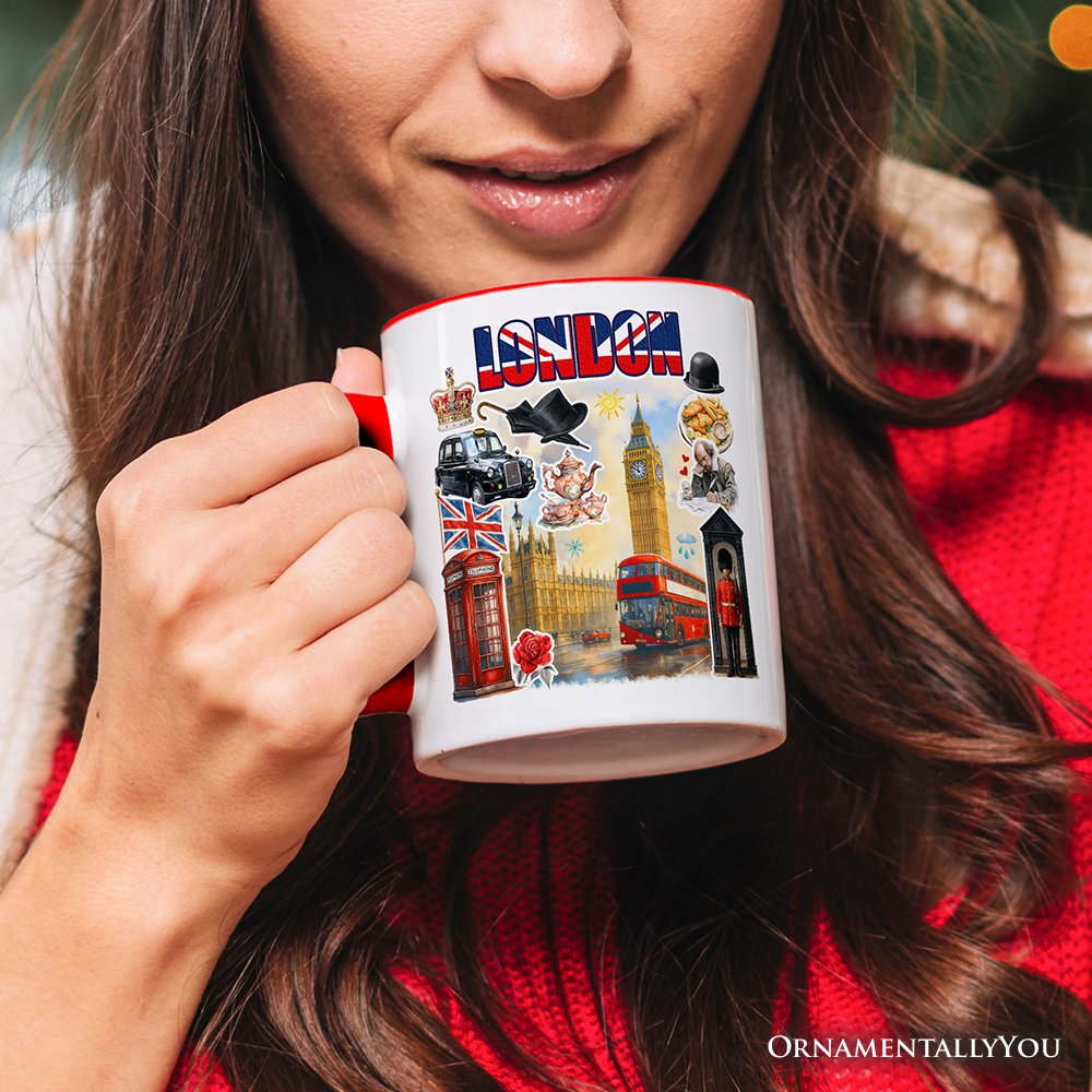 Classic London Artwork City Full of Landmarks Personalized Mug, Vintage Gift and Souvenir of England with Custom Name