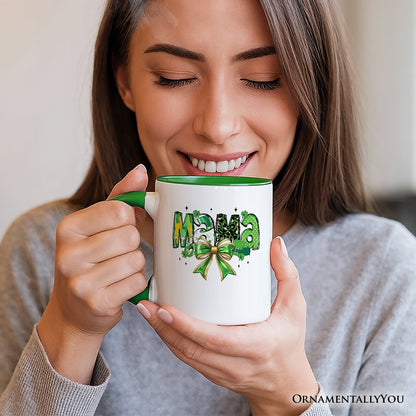 Coquette Mama Bow St Patrick's Day Personalized Mug, Green Lucky Shamrock Clover Gift with Custom Name