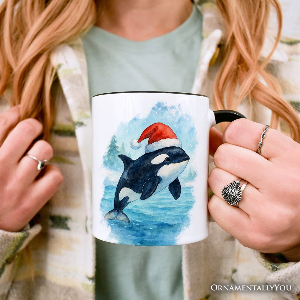 Watercolor Orca in Santa Hat Christmas Personalized Mug, Marine Animal Holiday Gift with Custom Name
