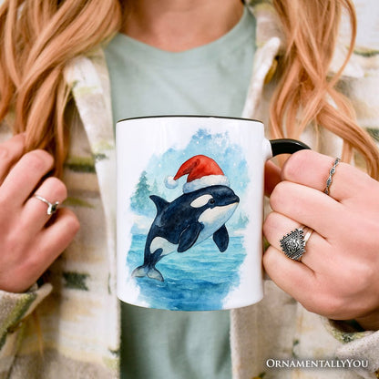 Watercolor Orca in Santa Hat Christmas Personalized Mug, Marine Animal Holiday Gift with Custom Name