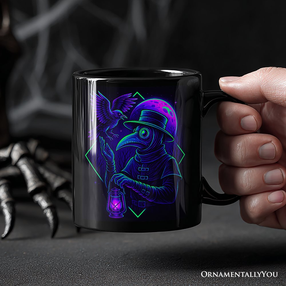Vaporwave Plague Doctor Personalized Mug, Retro Neon Horror Vibes Halloween Gift with Custom Name