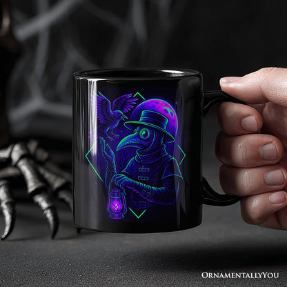Vaporwave Plague Doctor Personalized Mug, Retro Neon Horror Vibes Halloween Gift with Custom Name