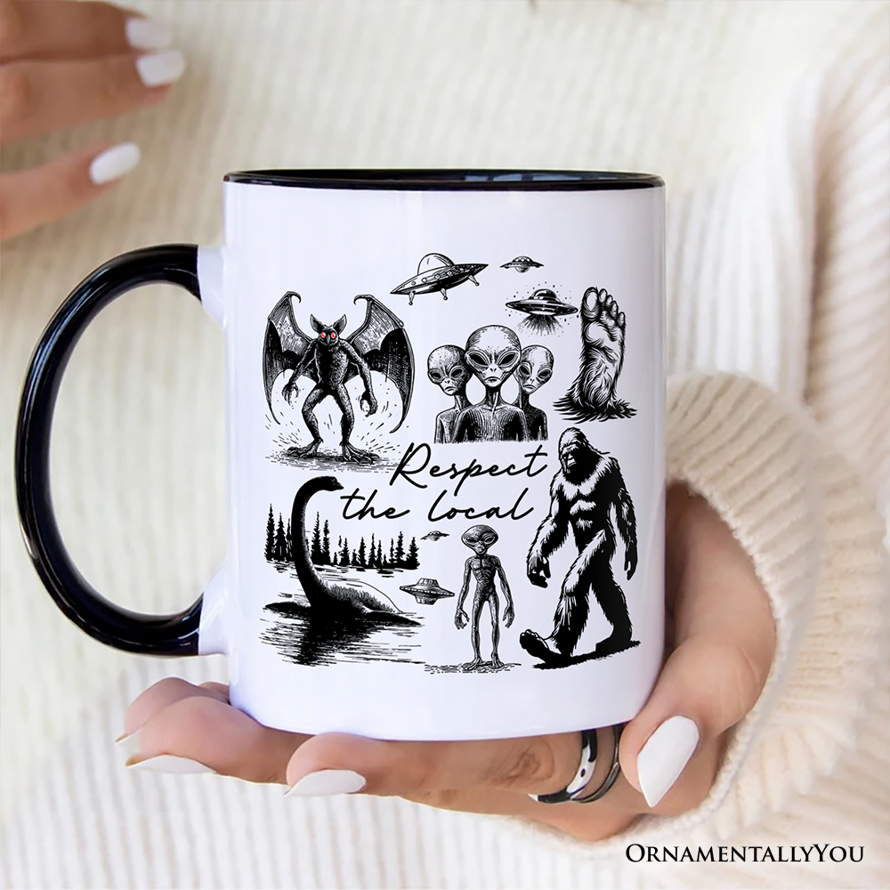 Respect The Local Cryptid Squad Personalized Mug, Funny Bigfoot Alien Mothman Meme Gift with Custom Name