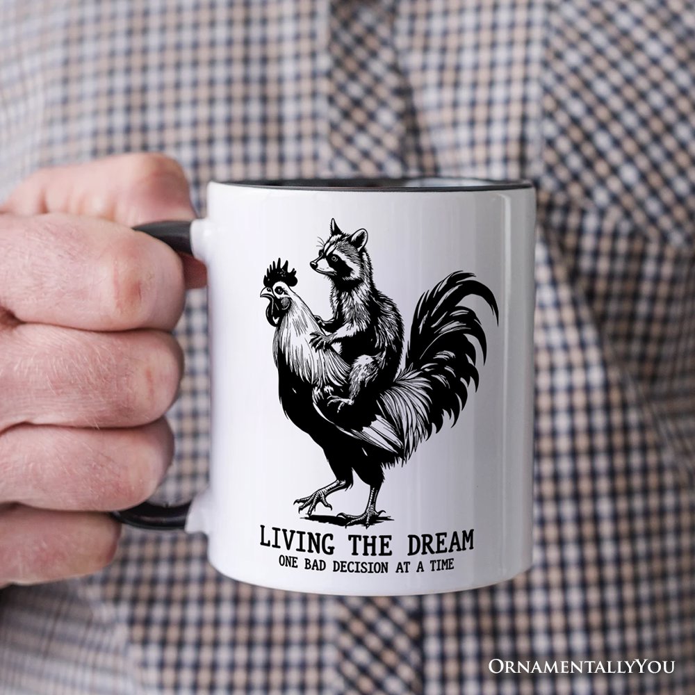 Living the Dream Funny Rooster and Raccoon Personalized Mug, Sarcastic Quote Gift with Custom Name