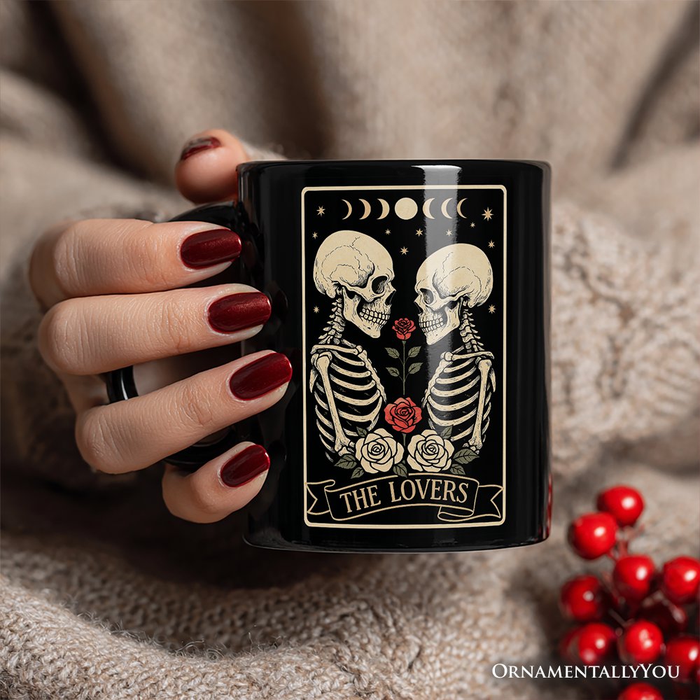 Skeleton The Lovers Personalized Mug, Tarot Card Gothic Moon Phases Rose Gift with Custom Name