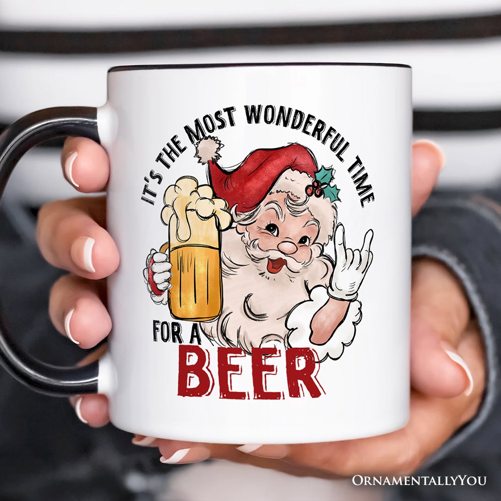 Santa Beer Christmas Personalized Mug, It's The Most Wonderful Time Funny Holiday Gift with Custom Name